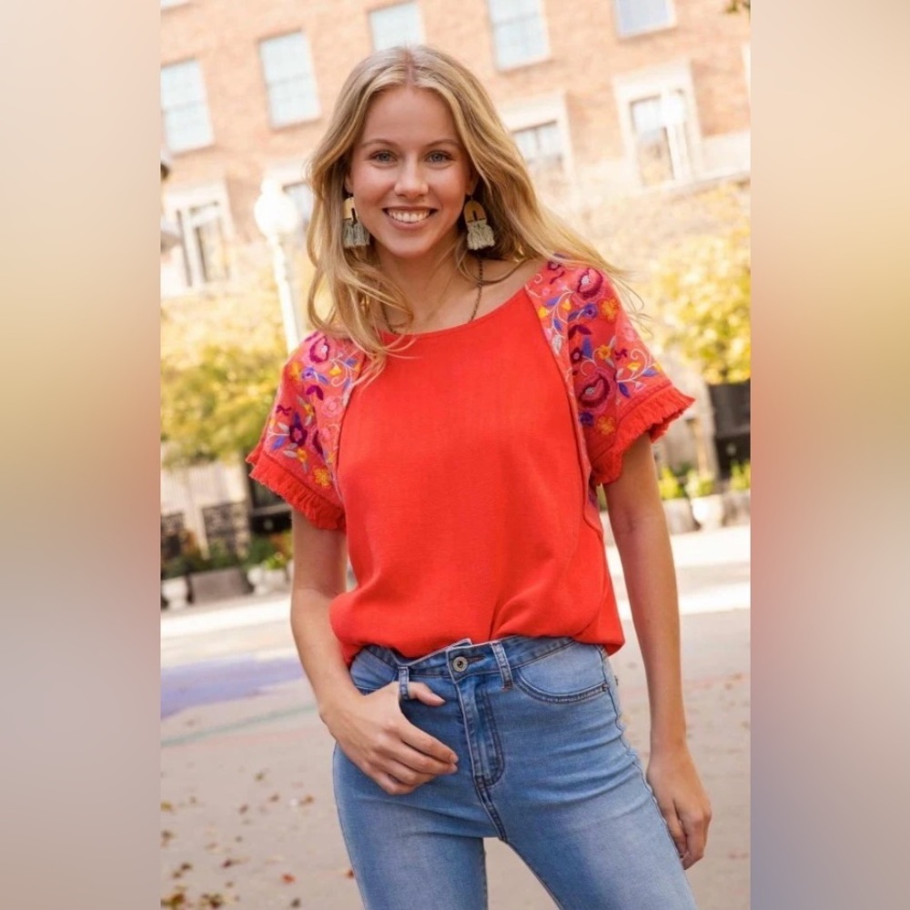 Umgee Orange-Red Embellished Short Sleeve Blouse